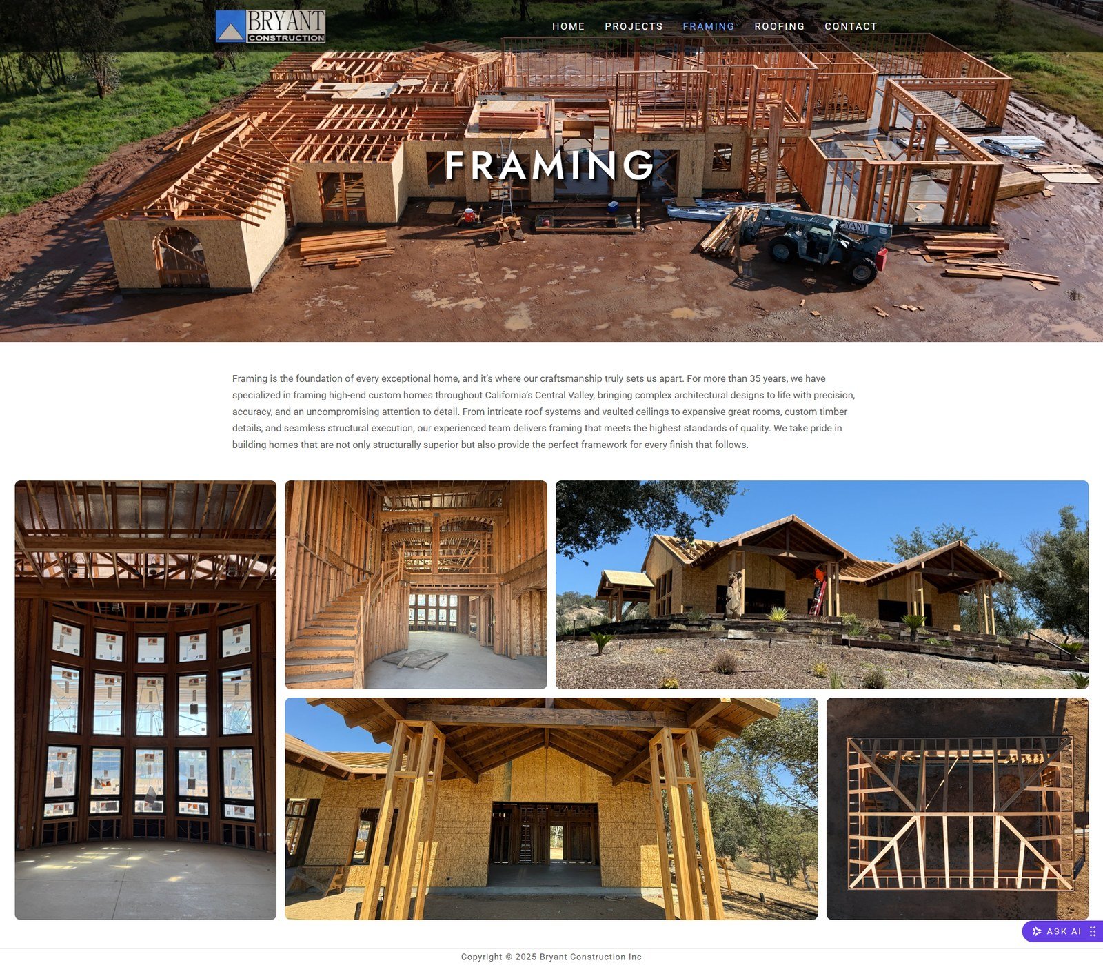 Bryant Construction Inc website framing page