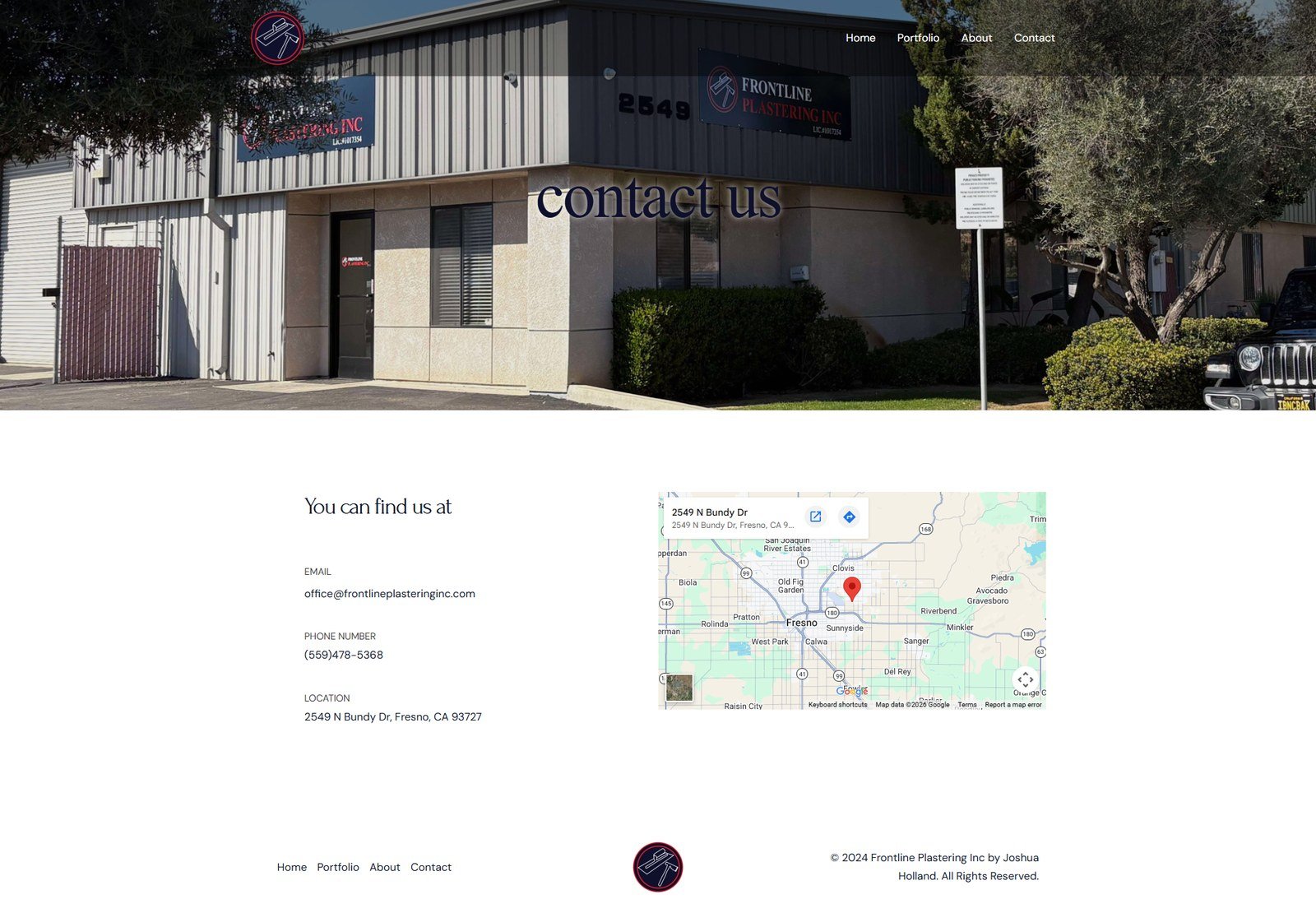 Frontline Plastering Inc website contact page