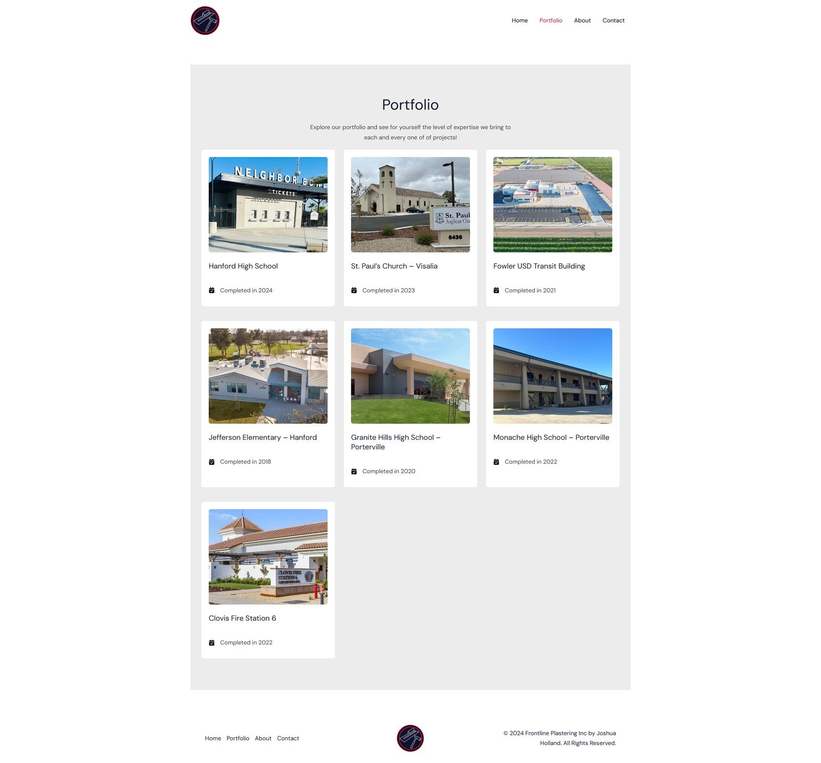 Frontline Plastering Inc website portfolio page